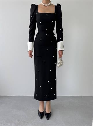 Aria İnci Taşlı Gömlek Kol Detay Uzun Elbise