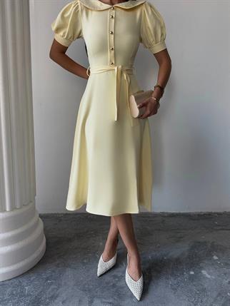 	Bebe Yaka Gold Düğmeli Atlas Midi Elbise