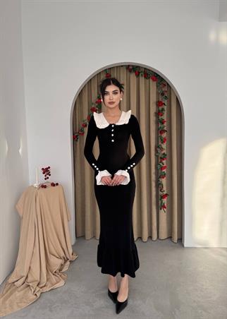 Arlena Retro Fırfır Detay Uzun Triko Elbise