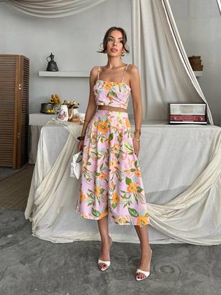 Dalia Çiçek Baskılı Keten Midi Elbise