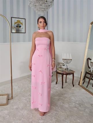 Nova Saten Şal Detay Uzun Elbise