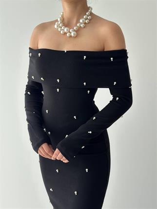 Marvella İnci Boncuk Detay Straplez Uzun Elbise