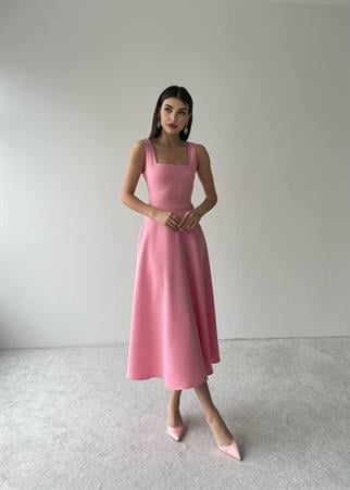  Calliope Kare Yaka Midi Boy Elbise -00037 - Pembe