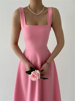  Calliope Kare Yaka Midi Boy Elbise -00037 - Pembe