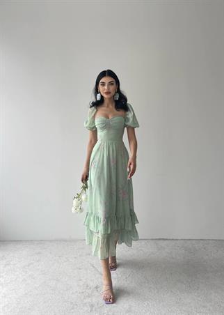 Candy Şifon Uzun Elbise - Su Yeşili 