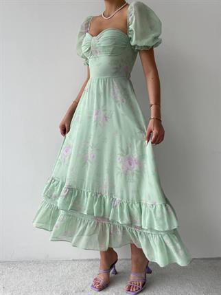 Candy Şifon Uzun Elbise - Su Yeşili 