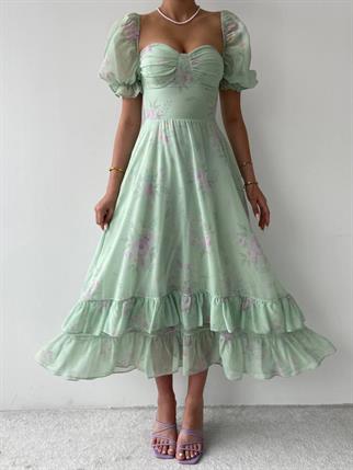 Candy Şifon Uzun Elbise - Su Yeşili 