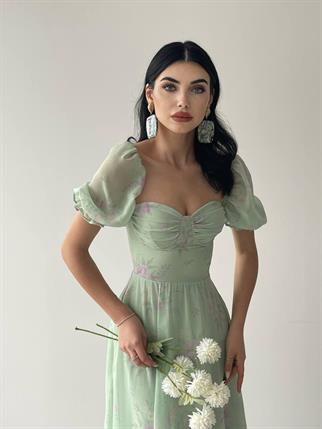 Candy Şifon Uzun Elbise - Su Yeşili 