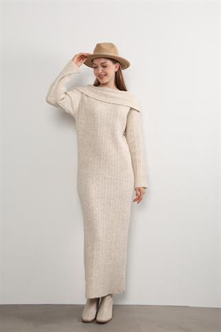 Carmen Yaka Çizgili Triko Kadın Uzun Elbise
