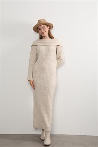 Carmen Yaka Çizgili Triko Kadın Uzun Elbise