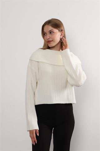 Carmen Yaka Uzun Kol Çizgili Triko Kadın Kazak