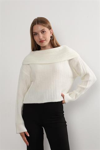 Carmen Yaka Uzun Kol Çizgili Triko Kadın Kazak