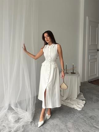 Carolina İnci Düğmeli Uzun Atlas Elbise