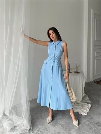 Carolina İnci Düğmeli Uzun Atlas Elbise