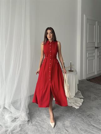 Carolina İnci Düğmeli Uzun Atlas Elbise