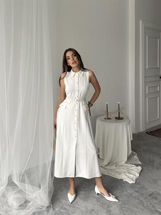 Carolina İnci Düğmeli Uzun Atlas Elbise