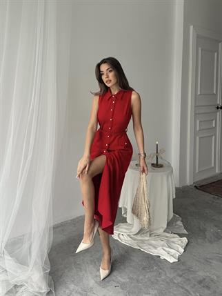 Carolina İnci Düğmeli Uzun Atlas Elbise