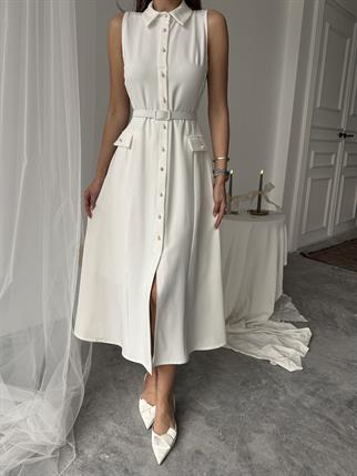 Carolina İnci Düğmeli Uzun Atlas Elbise