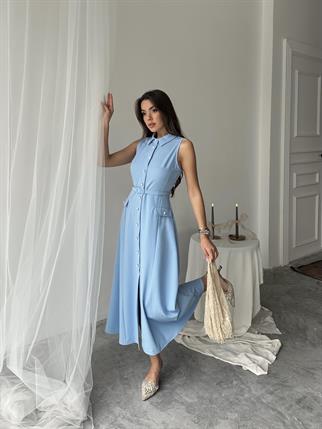 Carolina İnci Düğmeli Uzun Atlas Elbise