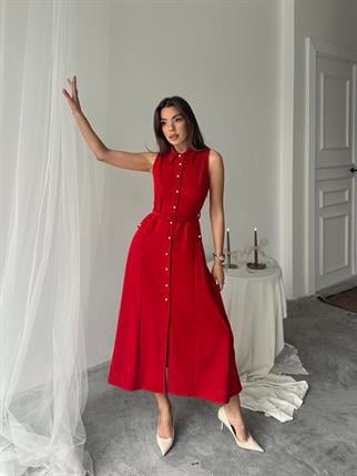 Carolina İnci Düğmeli Uzun Atlas Elbise