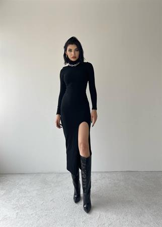 Castillone Yırtmaçlı Midi Elbise - Siyah