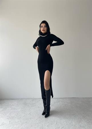 Castillone Yırtmaçlı Midi Elbise - Siyah