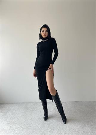 Castillone Yırtmaçlı Midi Elbise - Siyah