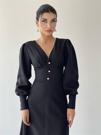 Casy Uzun Kol Düğme Detay Elbise - Siyah