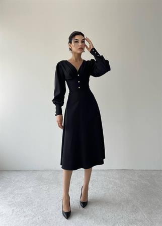 Casy Uzun Kol Düğme Detay Elbise - Siyah