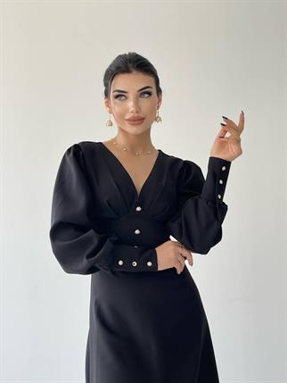 Casy Uzun Kol Düğme Detay Elbise - Siyah