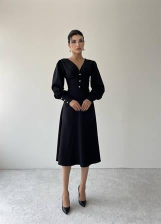 Casy Uzun Kol Düğme Detay Elbise - Siyah