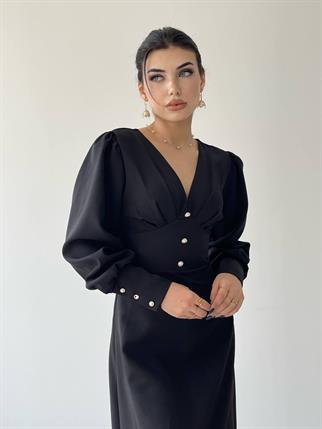 Casy Uzun Kol Düğme Detay Elbise - Siyah