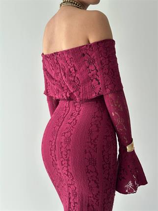 Lumina Dantel Kumaş Açık Omuz Uzun Elbise