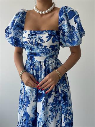 Balon Kol Kiloş Mavi Çiçekli Midi Elbise