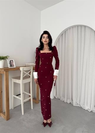 Aria İnci Taşlı Gömlek Kol Detay Uzun Elbise