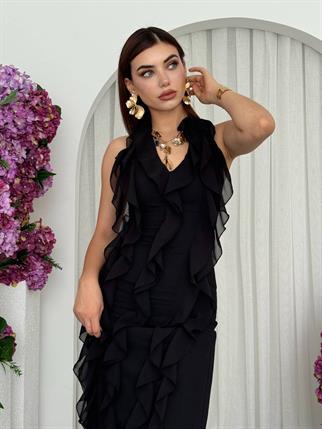 Lotus Şifon Fırfır Detay Uzun Elbise