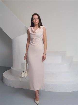 Saten Degaje Yaka Sırt Detay Manolya Elbise