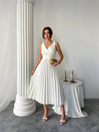 Alyosa Pileli V Yaka Midi Elbise