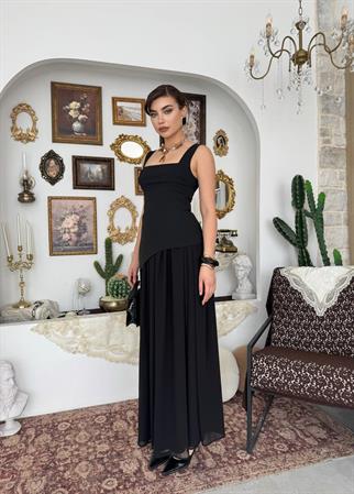 Hulos Yırtmaç Detaylı Atlas Şifon Elbise