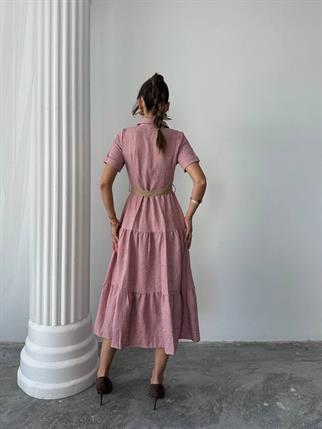 Sofya Keten Kemerli Midi Elbise