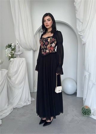 Elfı Çiçek Detaylı Elbise Kod 01041