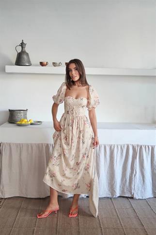 Çiçek Desenli Gloplu Tasarım Zoe Elbise