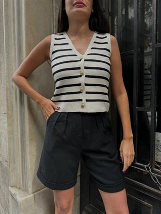 Çizgili Düğme Detay V Yaka Yelek
