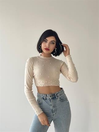 Cloi İnci Detay Crop - Bej