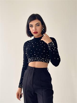Cloi İnci Detay Crop - Siyah