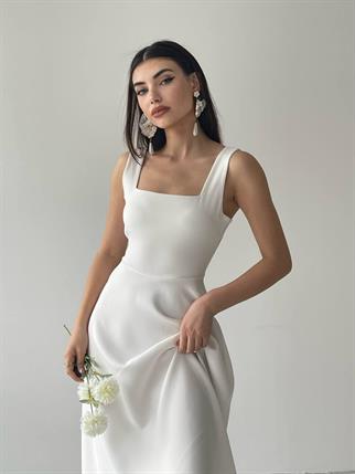  Colliope Kare Yaka Midi Boy Elbise -00037 - Beyaz