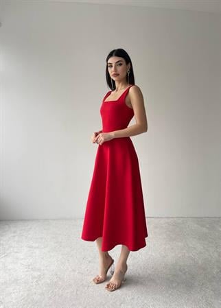  Colliope Kare Yaka Midi Boy Elbise -00037 - Kırmızı