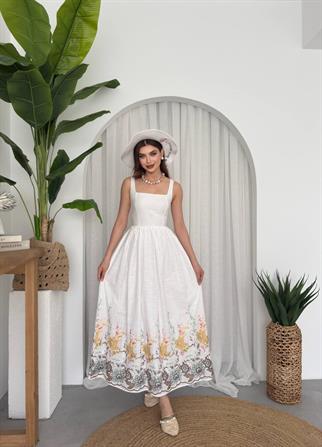 Cool White Çiçekli Keten Elbise