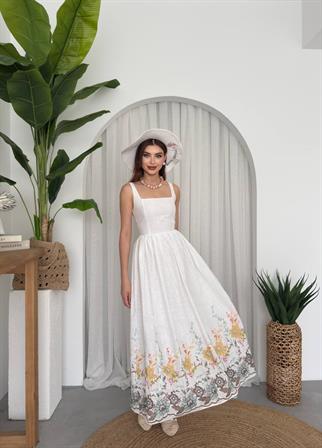 Cool White Çiçekli Keten Elbise