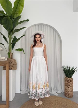 Cool White Çiçekli Keten Elbise